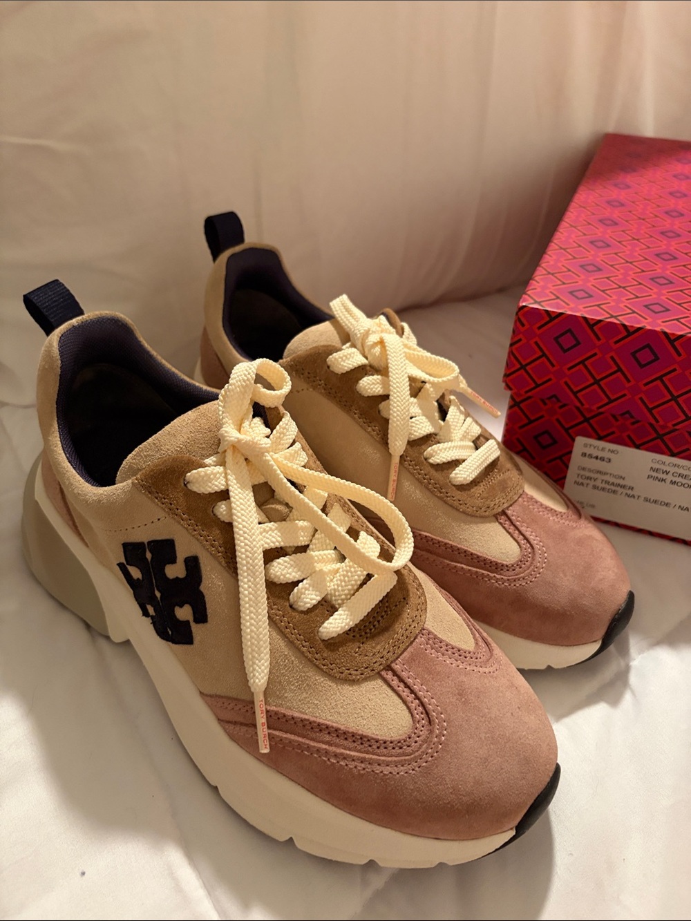 Tory Burch Women’s Suede Colorblock Sneakers in Pink, Tan & Cream